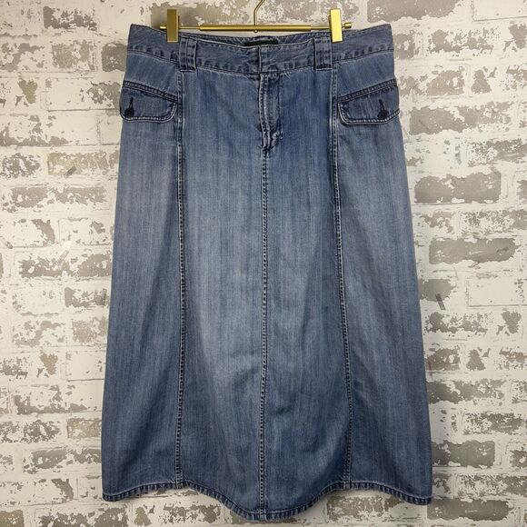 Eddie Bauer Denim Maxi Skirt Sz 12 Cargo Pockets Flare‎ Distressed Y2K Vtg 34X31 - Picture 1 of 16